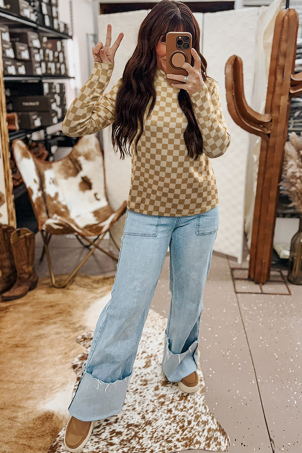 Check Pattern Turtleneck Ribbed Slim Long Sleeve Tee