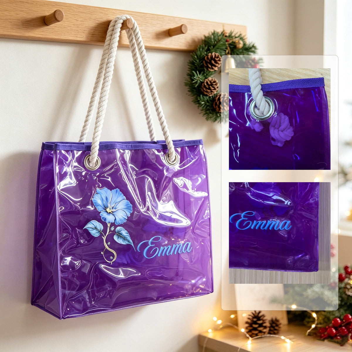 Custom Name Clear Purple Beach Tote Bag