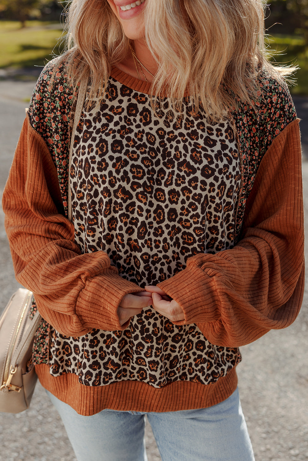 Leopard Floral Print Ribbed Puff Sleeve Patchwork Loose Pullover