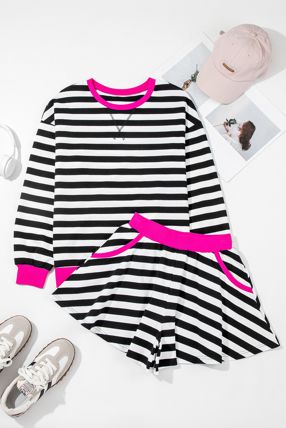 Contrast Ribbed Banding Long Sleeve Blouse Loose Shorts Set