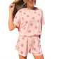 Polka Dot Print Loose Tee Drawstring Elastic Waist Short Set