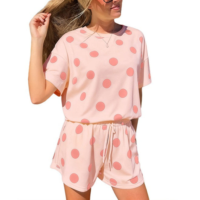 Polka Dot Print Loose Tee Drawstring Elastic Waist Short Set