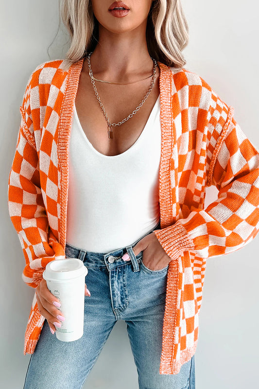 Checkered Open Front Drop Shoulder Cardigan