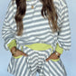 Contrast Ribbed Banding Long Sleeve Blouse Loose Shorts Set