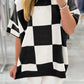 Checkered Pattern Loose Drop Shoulder Half Sleeve Sweater