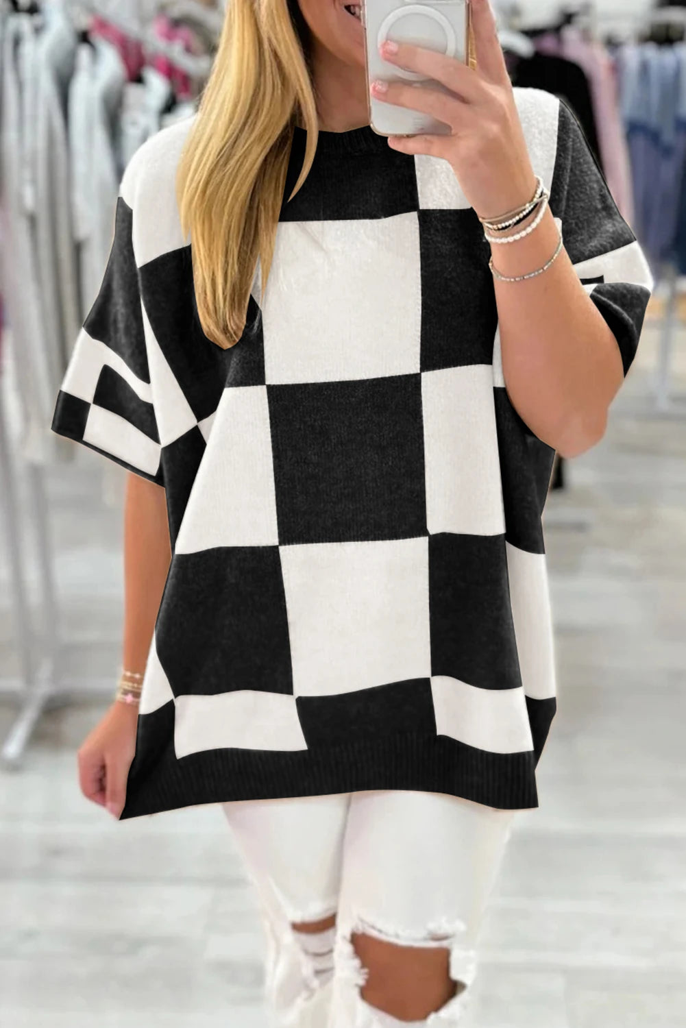 Checkered Pattern Loose Drop Shoulder Half Sleeve Sweater