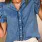 Button Front Ruffled Flutter Frayed Denim Top