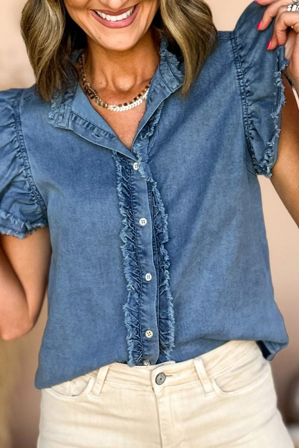 Button Front Ruffled Flutter Frayed Denim Top