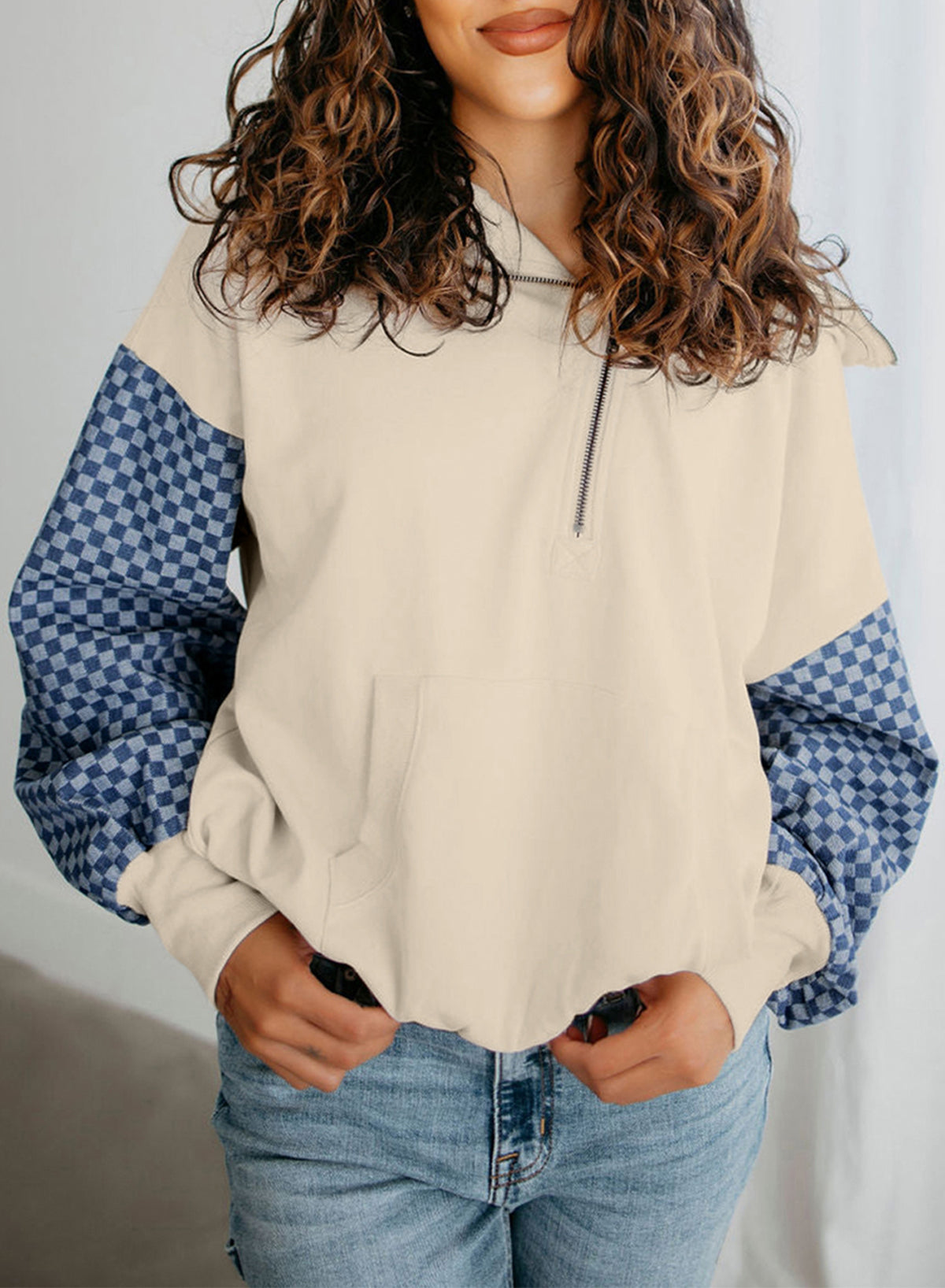 Checkered Patchwork Kangaroo Pocket Half Zipper Hoodie