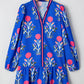 Floral Print Contrast Striped Trim Notched Neck Long Sleeve Dress