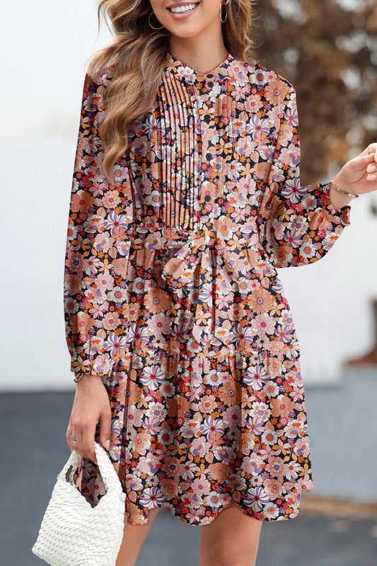 Floral Print Long Sleeve Pleated Detail Bleted Mini Dress