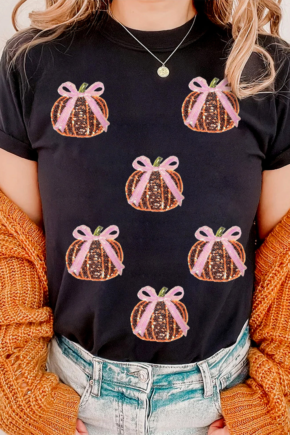 Sequin Bow Pumpkin Patched Cotton Blend T Shirt