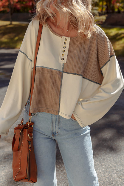 Color Block Waffle Knit Stitch Detail Long Sleeve Top
