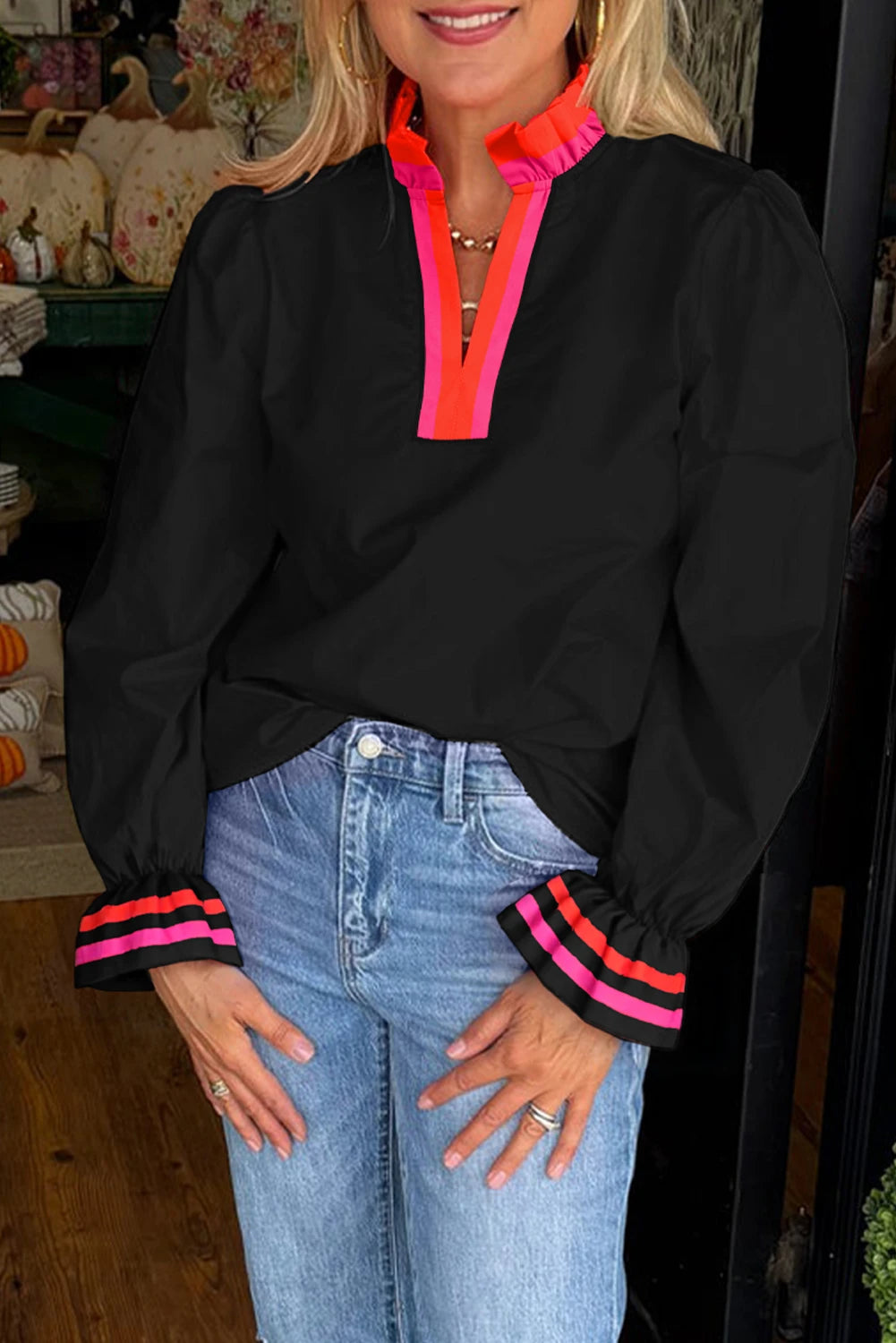 Ruffle Split Neck Long Sleeve Blouse