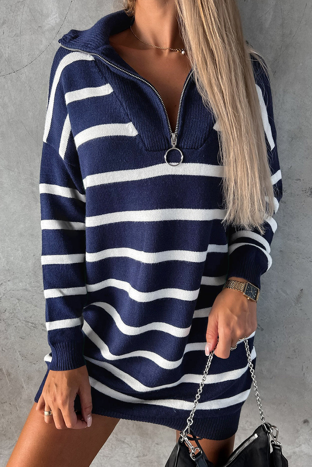 Striped O-ring Zip Collared Loose Sweater Mini Dress
