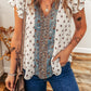 Boho Pattern Tiered Ruffled Sleeve V Neck Buttoned Blouse