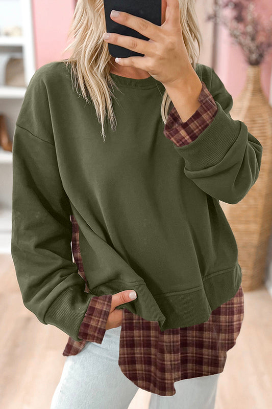 Vintage Plaid Patchwork Drop Shoulder Sweatshirt