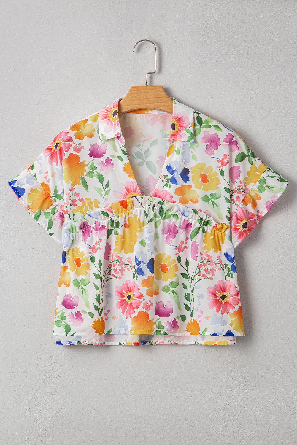 Floral Boxy Fit Ruffled Short Sleeve V Neck Blouse