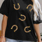 Western Shiny Horseshoes Pattern High Low Hem Casual T Shirt