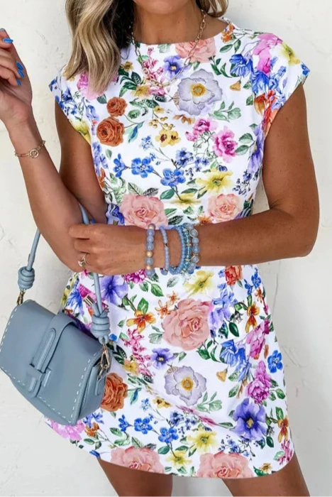 Sky Blue Vibrant Floral Print Cap Sleeve Mini Dress