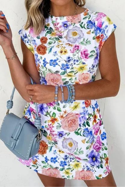 Sky Blue Vibrant Floral Print Cap Sleeve Mini Dress