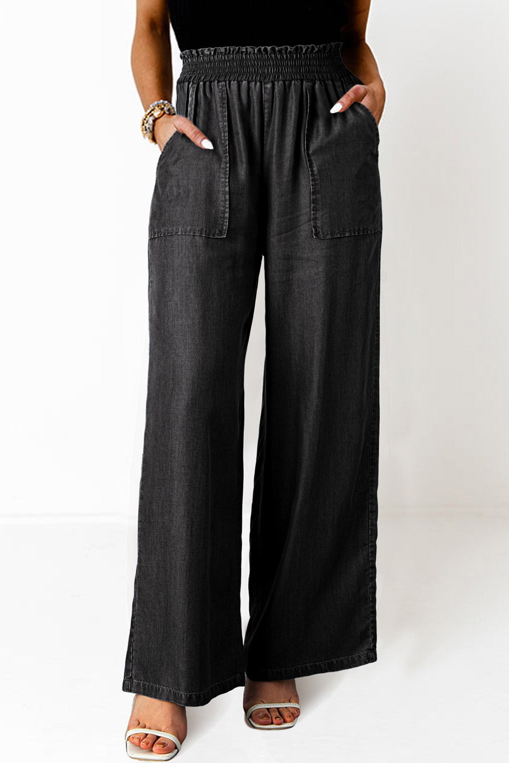 High Waist Pockets Frilled Smocked Wide Leg Jeans