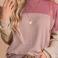 Color Block Long Sleeve Cording Loose Top