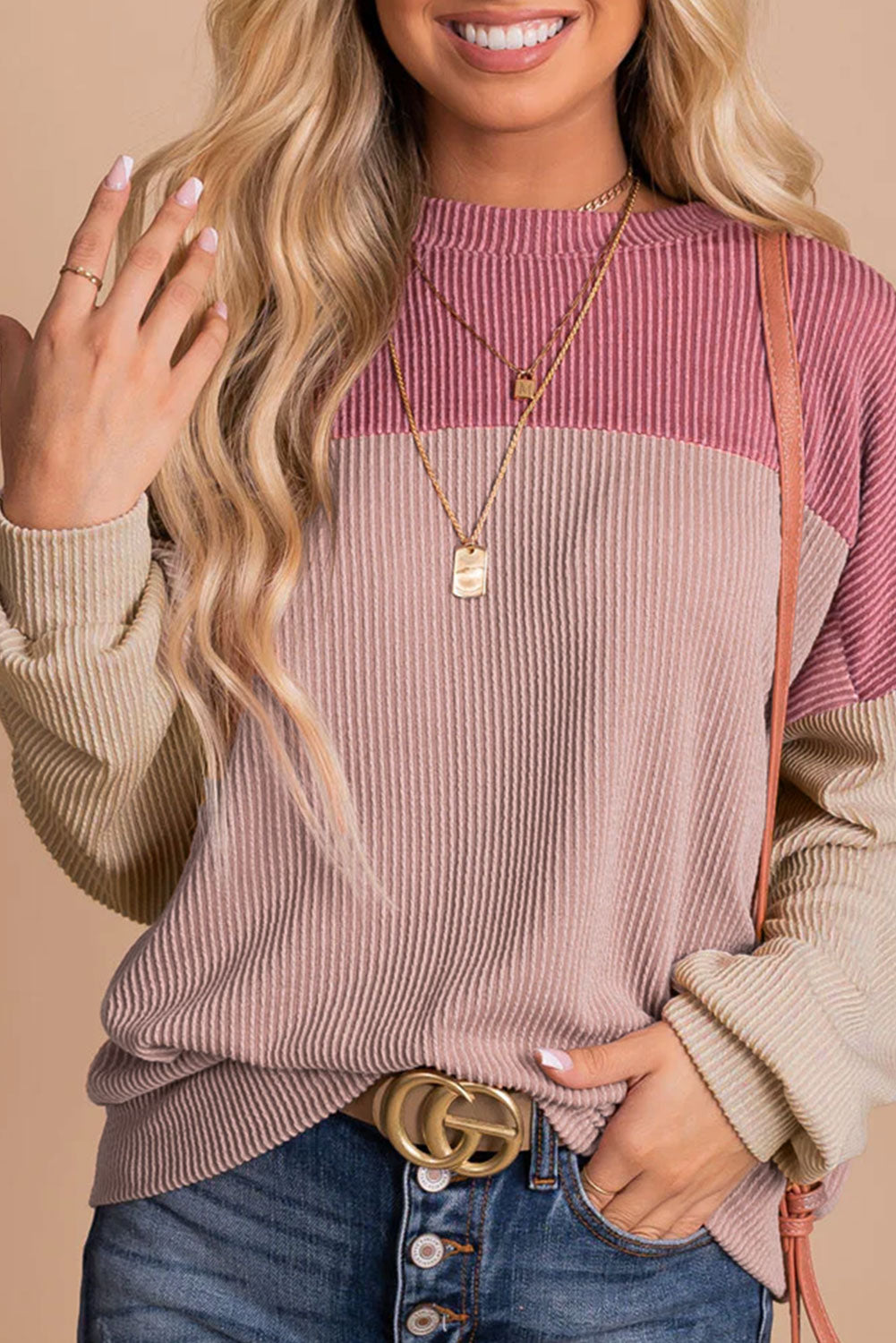 Color Block Long Sleeve Cording Loose Top