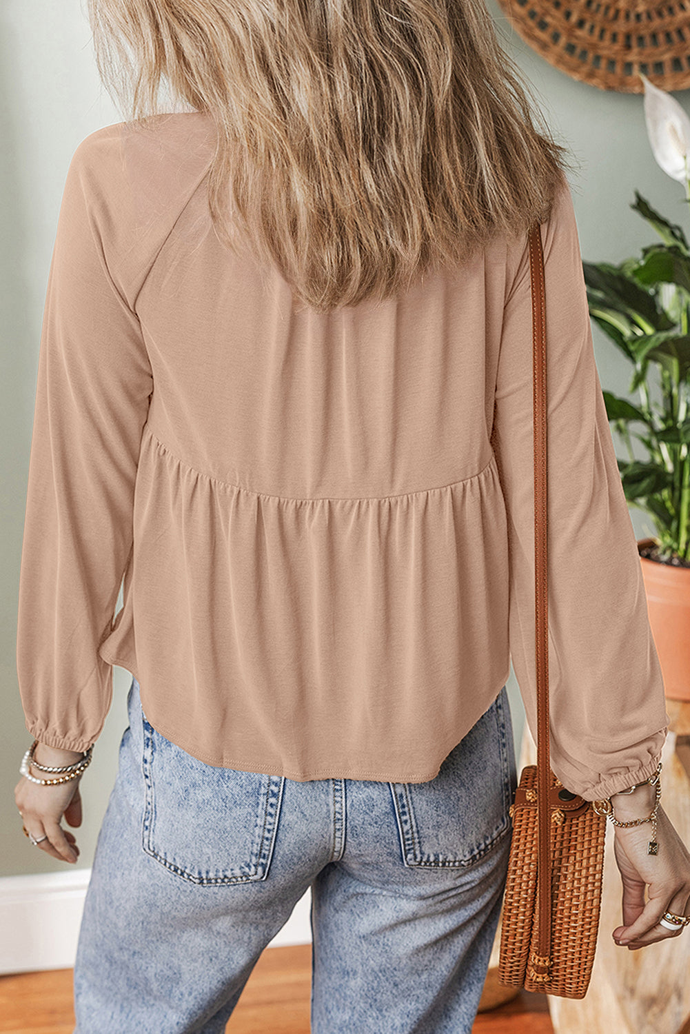 Smocked Bust Buttoned Split V Neck Flow Fit Blouse