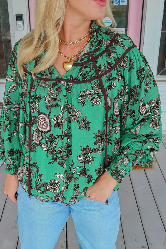 Leaves Print Contrast Trim V Neck Shirred Puff Sleeve Blouse