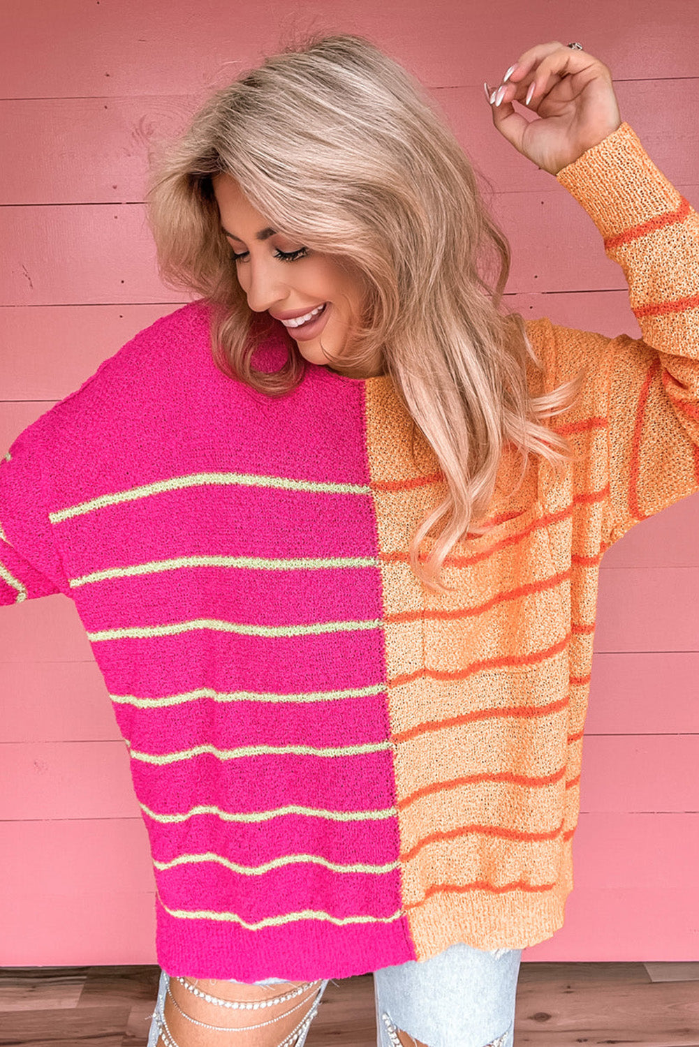 Striped Color Block Loose Fit Knit Sweater