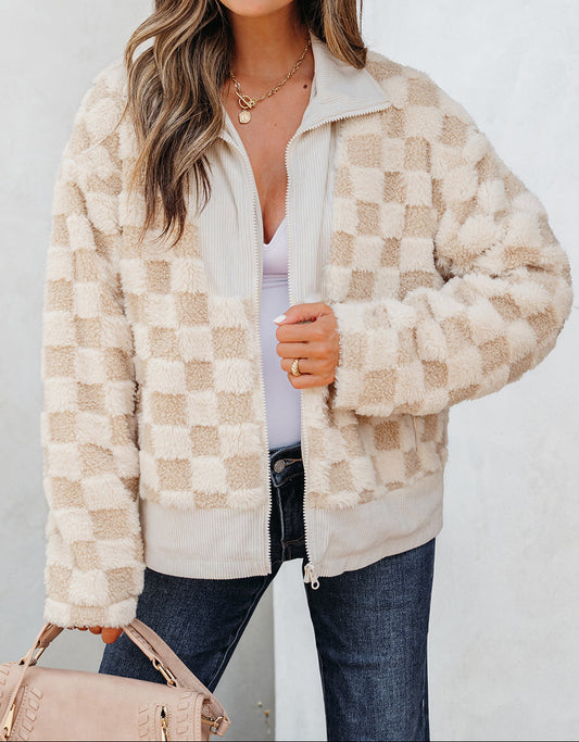 Checker Sherpa Corduroy Patchwork Zip up Collared Jacket