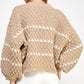 Contrast Detail Textured Knit Puff Sleeve Baggy Sweater