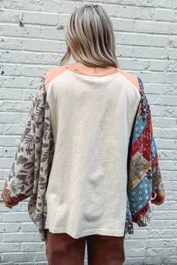 Asymmetric Printed Patchwork Sleeve Peace Desert Graphic Top