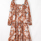Floral Print Shirred Square Neck High Waist Maxi Dress