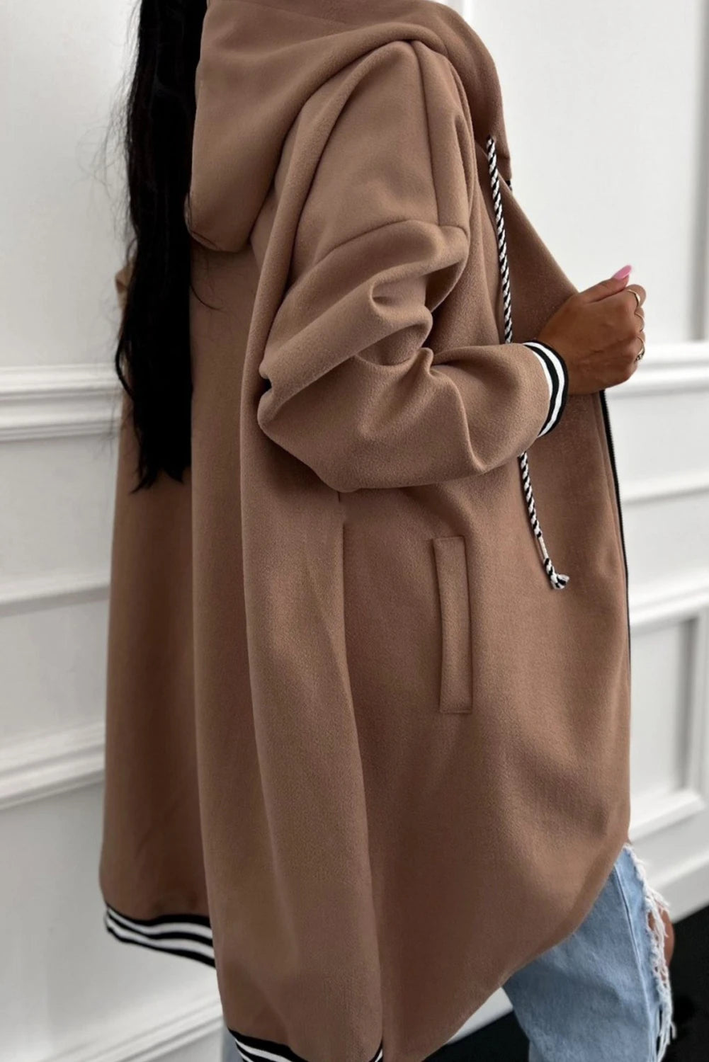 Cuffed Drop Shoulder Zip up Tunic Hoodie