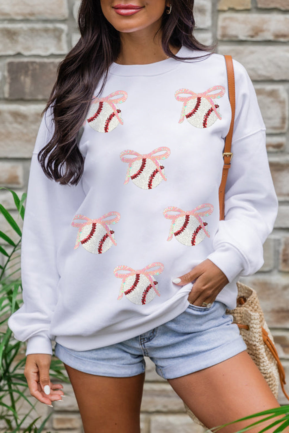 Sequin Bow Baseball Patched Casual Sweatshirt