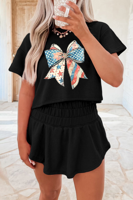 American Flag Inspired Bow Print Relaxed Tee and Skort 2pcs Outfit