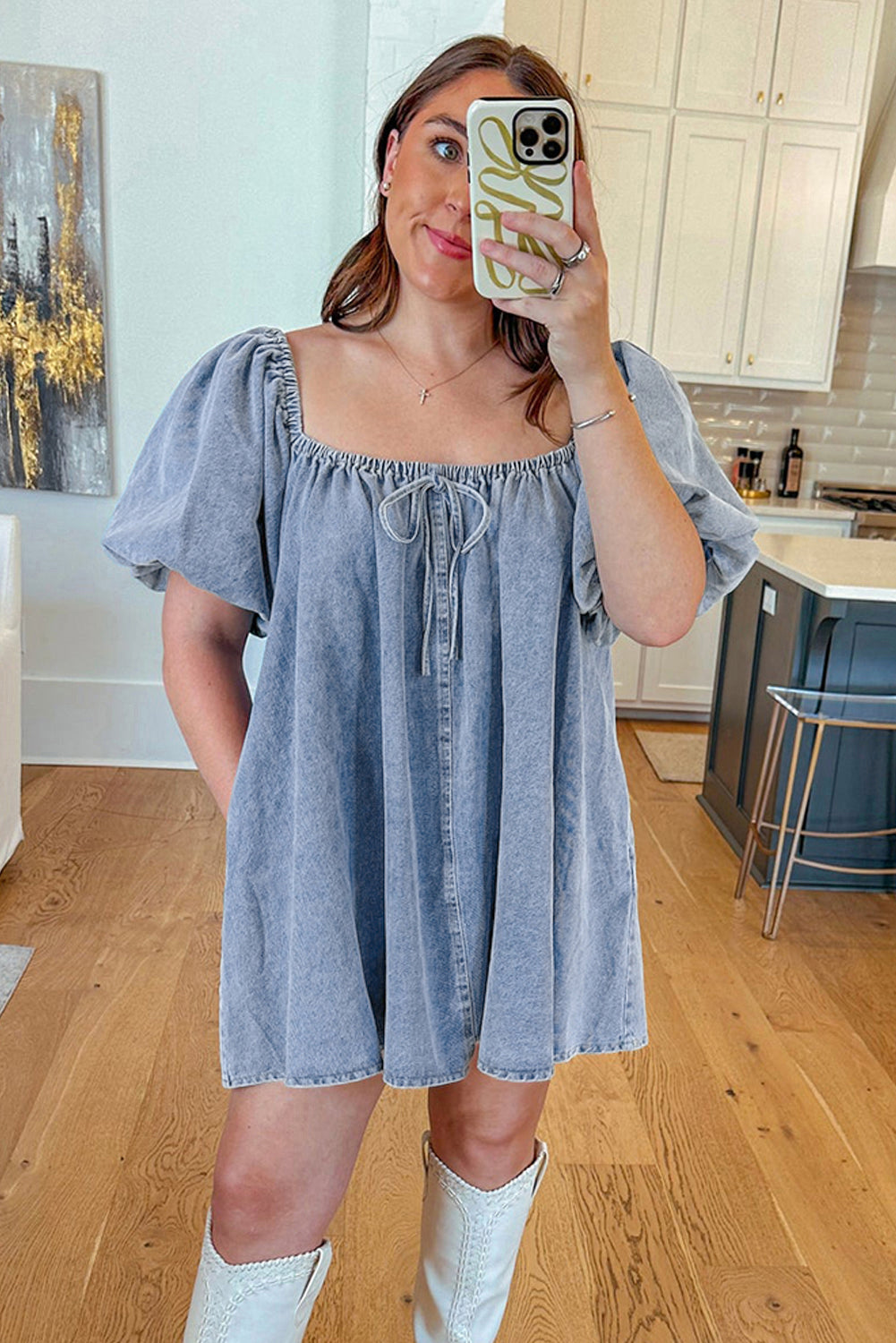 Bubble Sleeve Square Neck Denim Dress