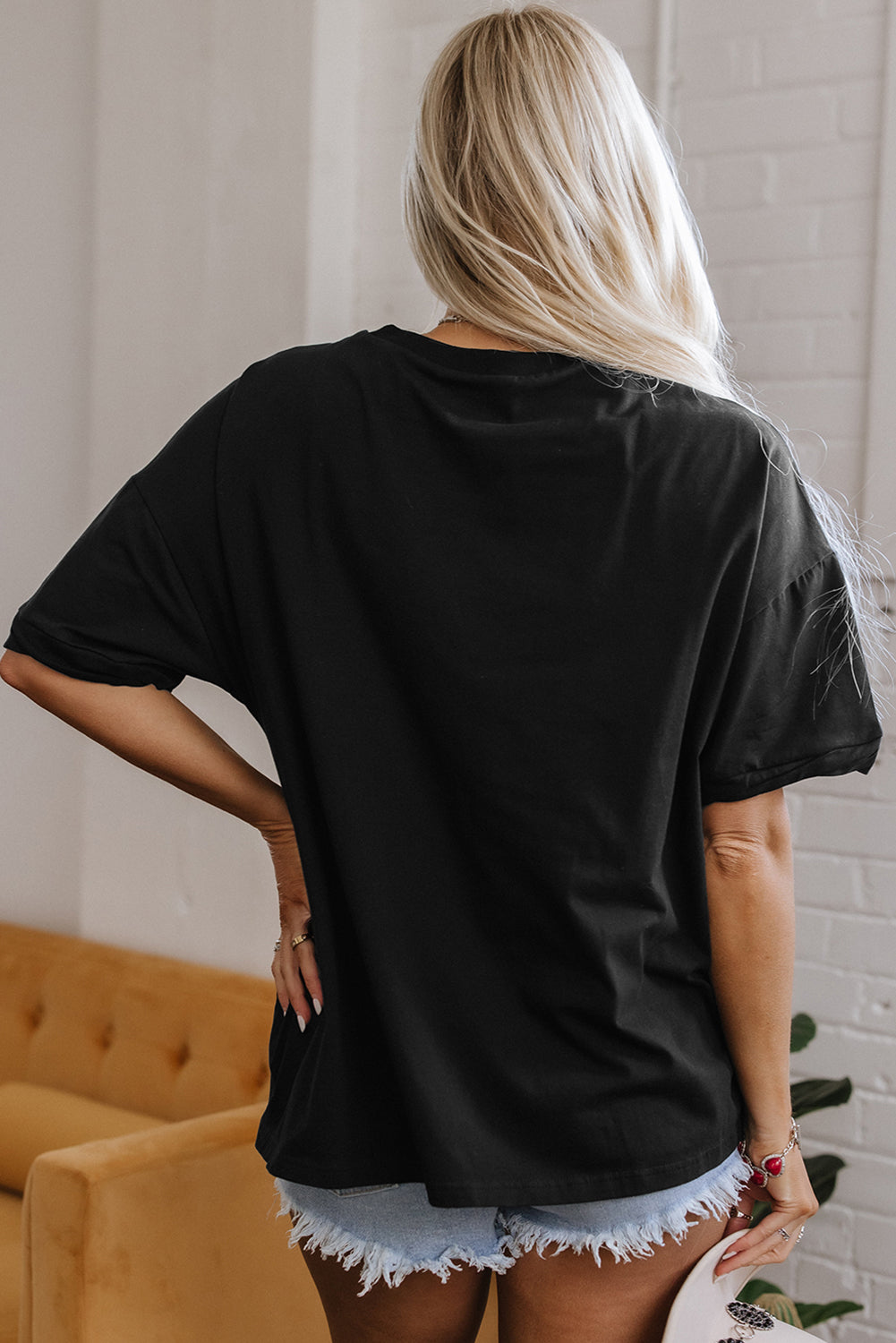 Western Shiny Horseshoes Pattern High Low Hem Casual T Shirt