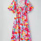 Abstract Printed Puff Sleeve Square Neck Smocked Bust Tied Back Plus Size Dress