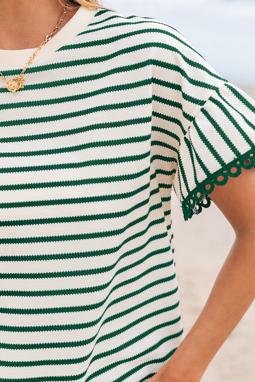 Scallop Lace Trim Ruffle Short Sleeves Crewneck Top