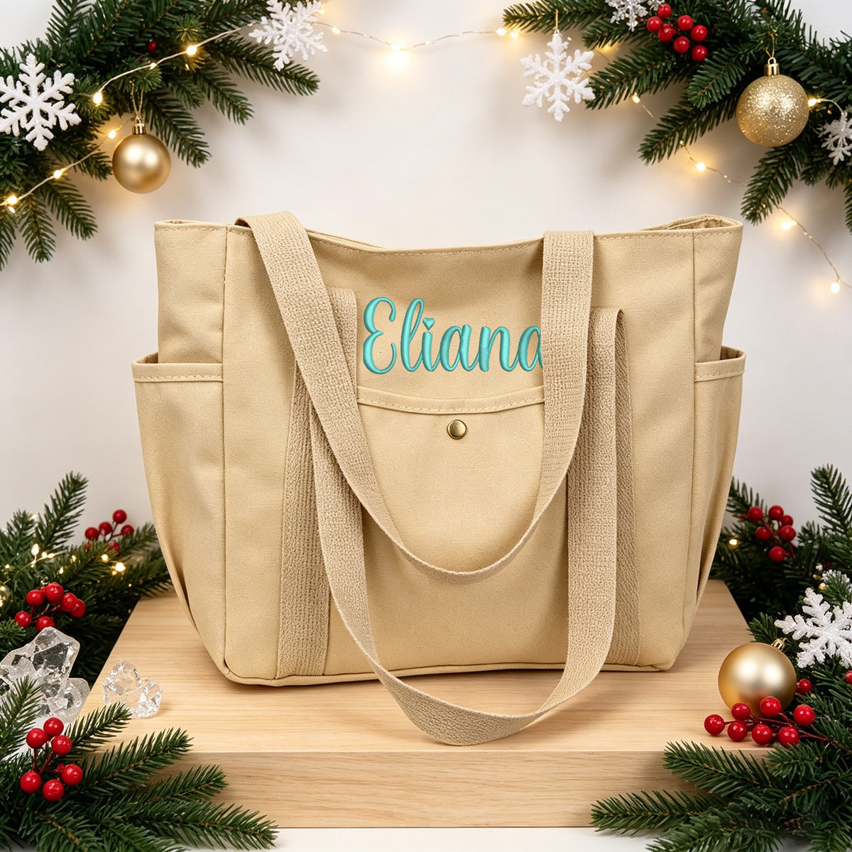 Custom Embroidered Canvas Pocket Tote Bag