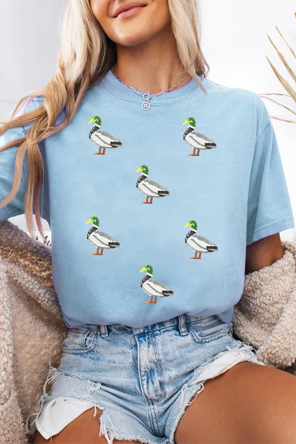 Sequin Mallard Graphic Womens Casual Tee