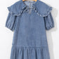 Ruffled Collared Side Pockets Puff Sleeve Denim Mini Dress