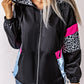 Leopard Color Block Pockets Zip-up Hooded Jacket