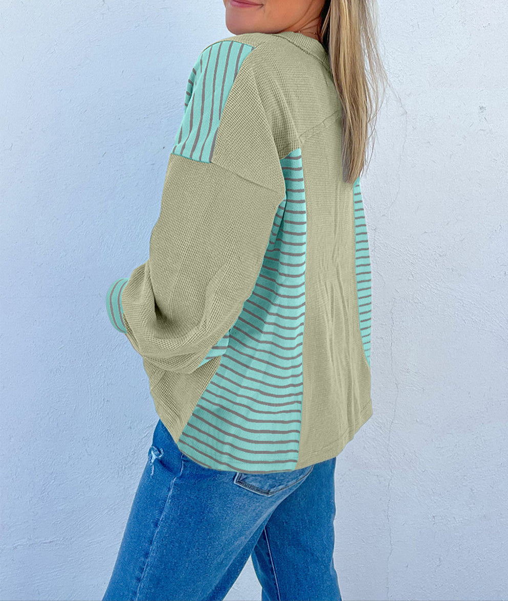 Waffle Striped Patchwork Baggy Pullover