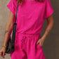 Mist Blue Mineral Wash Drawstring Waist Hollow Out Back Short Sleeve Romper