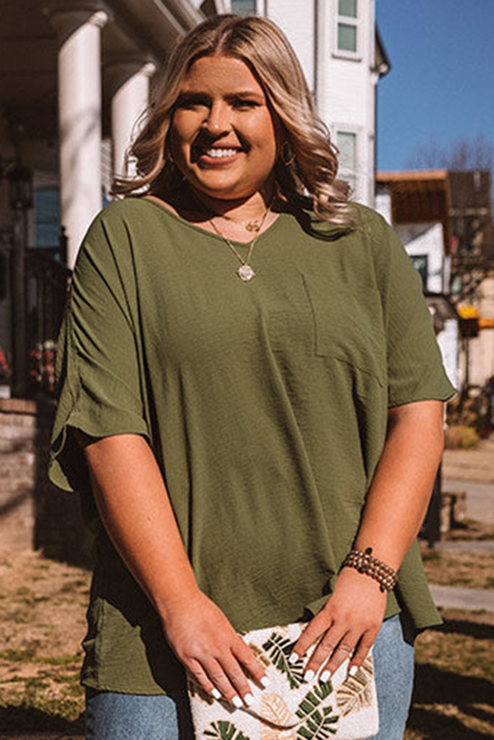 Plus Size Textured Chest Pocket Tee
