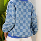 Checkerboard Splicing Raw Detail Oversized Denim Pullover
